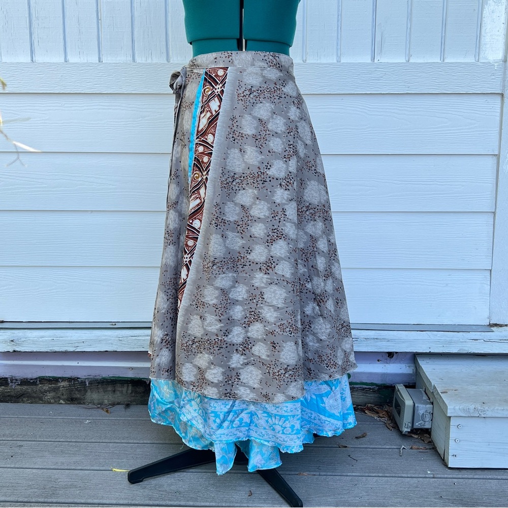 Double Layer Patterned Grey and Blue Women's Maxi Skirt. One Size.